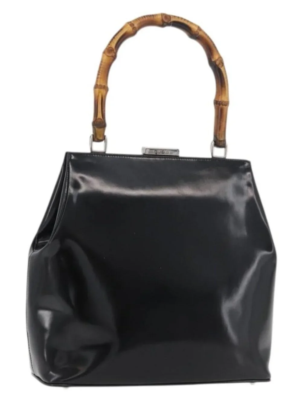 GUCCI Bamboo Hand Bag Enamel Black Silver 000 781 0295 Auth 176588